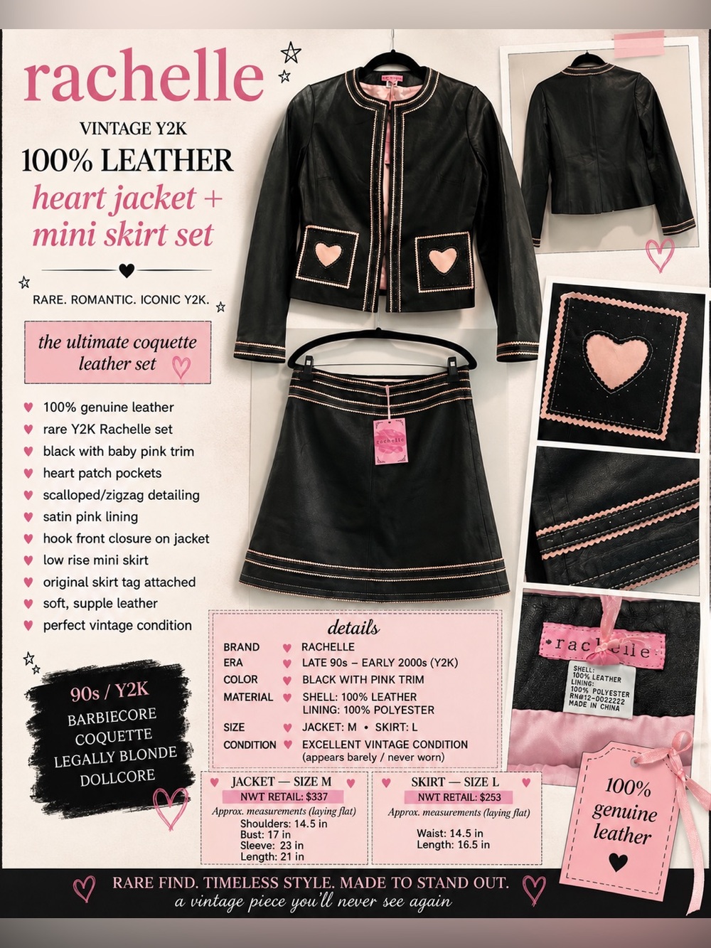Rachel Black Leather Jacket and Mini Skirt Set with Pink Trim